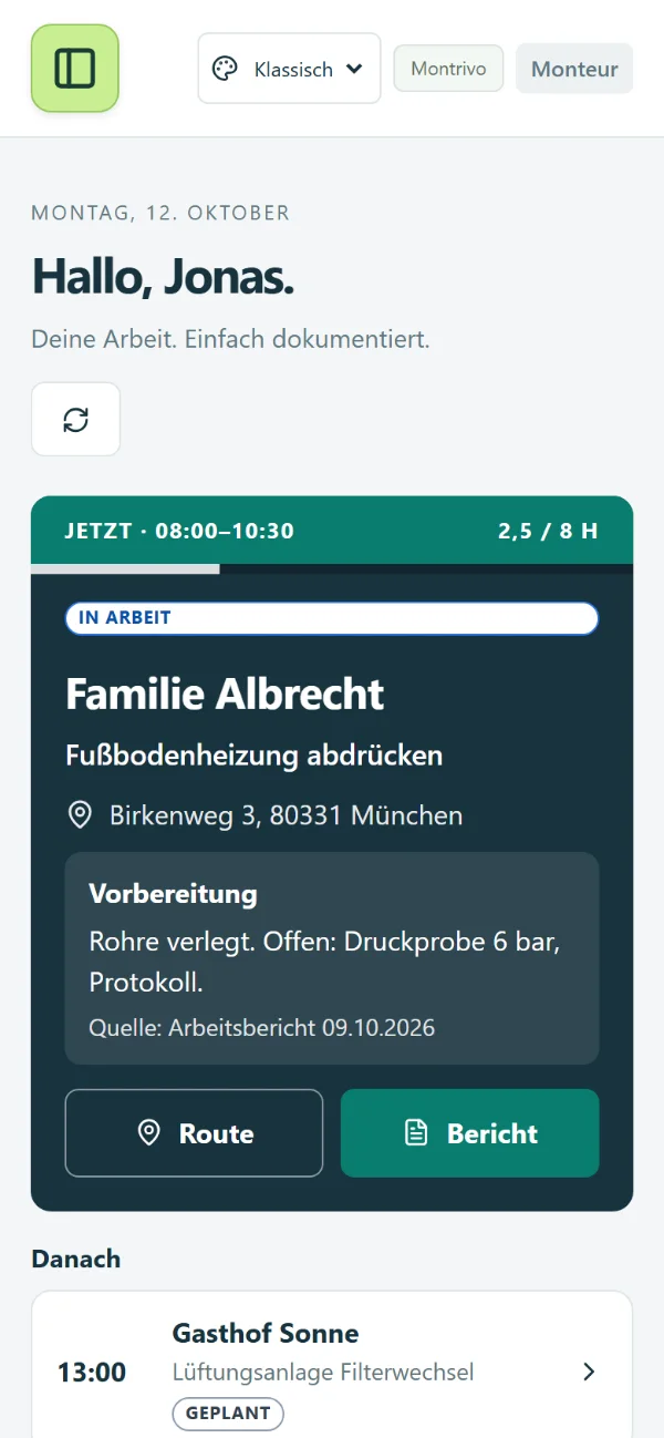 Montrivo auf dem Handy des Monteurs: aktueller Einsatz mit Adresse, Route und Vorbereitung